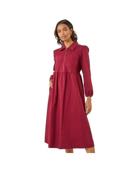 Roman Zip Front Collared Midi Dress