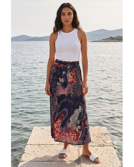 Roman Blue Animal Print Belted Midi Skirt