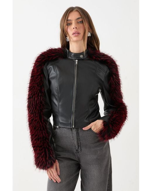 MissPap Black Premium Fur Sleeve Moto Jakcet