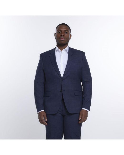 River Island Blue Suit Jacket Big & Tall Navy Slim Fit Check for men
