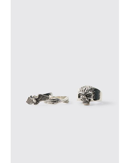 BoohooMAN Metallic 3 Pack Gothic Rings Zinc for men