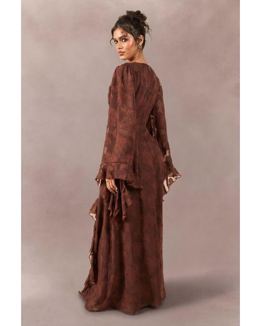 Boohoo Brown Tonal Burnout Plunge Front Maxi Dress