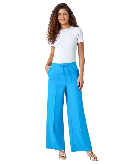 Roman Blue Wide Leg Elastic Waist Tie Front Trouser