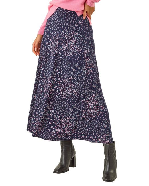 Roman Blue Floral Print Stretch Midi Skirt