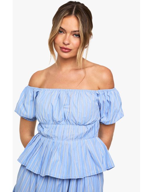 Boohoo Blue Stripe Poplin Bardot Top
