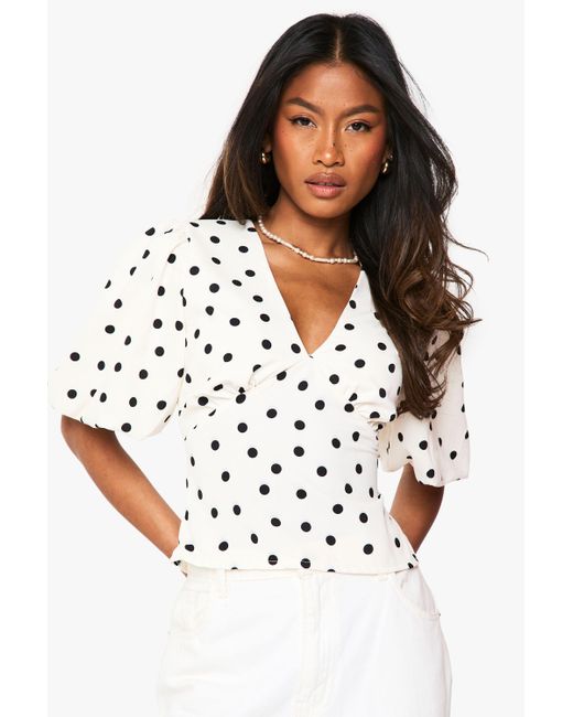 Boohoo White Satin Polka Dot Puff Sleeve Blouse