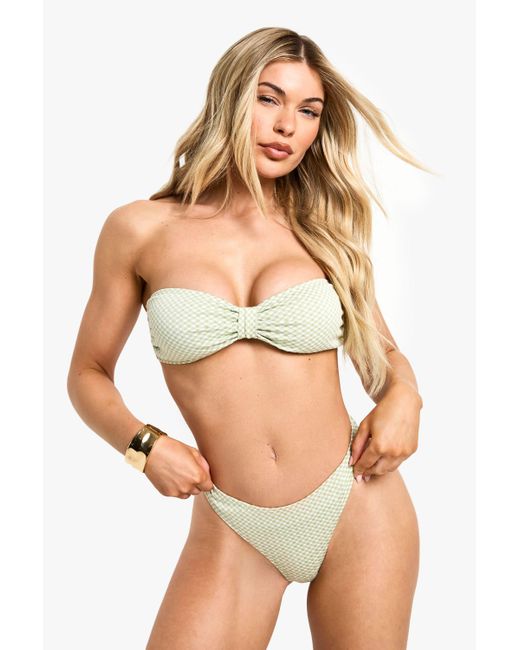 Boohoo Green Gingham Knit Detail Bandeau Bikini Top & High Leg Bikini Bottoms Set