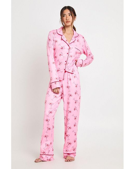 Boohoo Pink Cocktail Print Long Sleeve Shirt & Trouser 3 Piece Pyjama Set