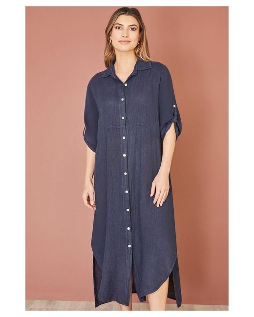 Yumi' Blue Italian Linen Relaxed Midi Shirt Dress With Turn Up Sleeves