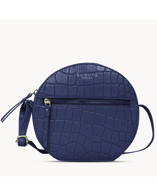 Assots London Blue Jane' Embossed Croc Leather Round Designer Crossbody Bag