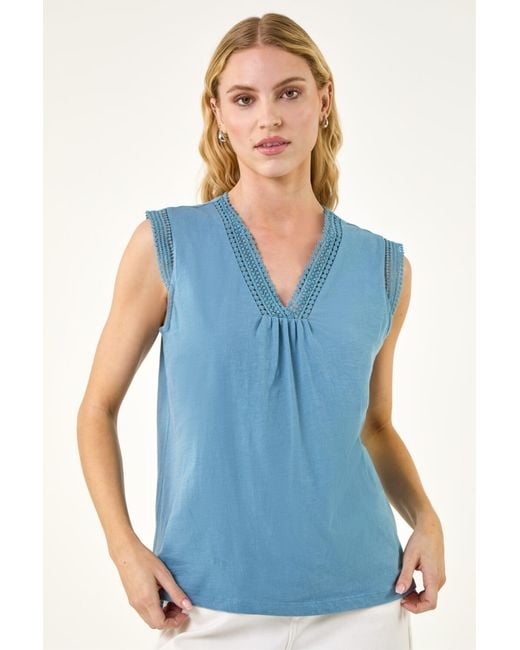 Roman Blue Sleeveless V-Neck Lace Trim Cotton Top