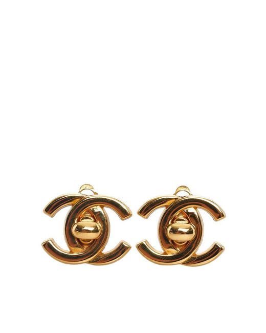 Chanel Metallic Vintage Cc Turn Lock Clip-on Earrings Gold Brass