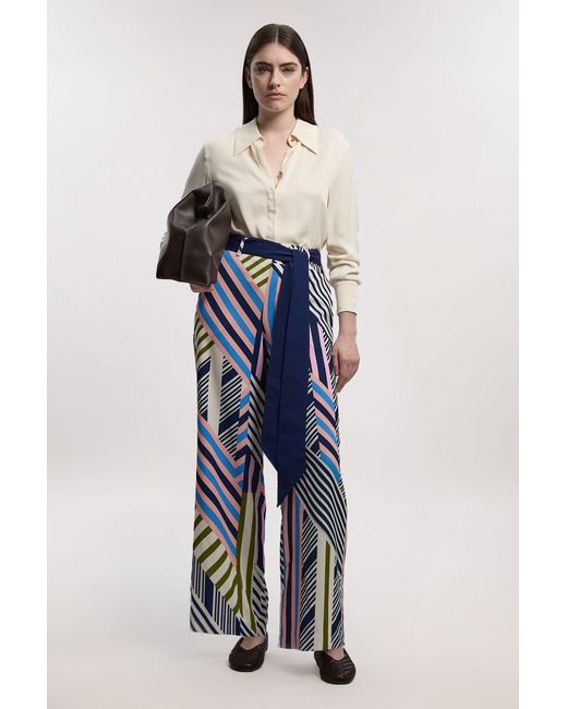 Karen Millen Blue Geo Print Twill Woven Wide Leg Trouser