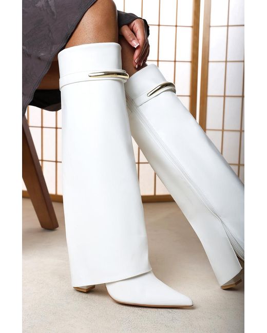 Where's That From White Wheres Nareva Fold Over Shark Block Heel Point Toe Boots With Trim Detail