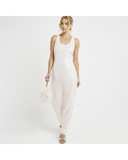 River Island White Slip Maxi Dress Sequin Scoop Neck