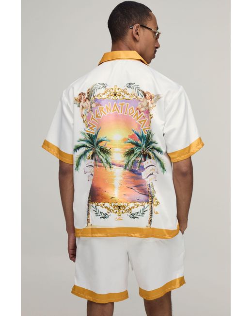 BoohooMAN Gray Oversized Half Sleeve Location Print Satin Shirt & Short Set for men