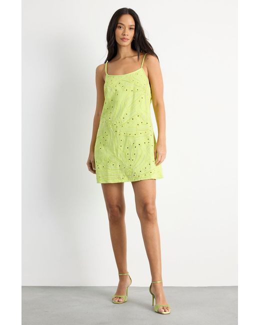 Warehouse Yellow Beaded Embroidered Slip Mini Dress