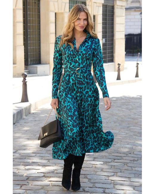 Sosandar Blue Emerald Animal Print Belted Shirt Dress