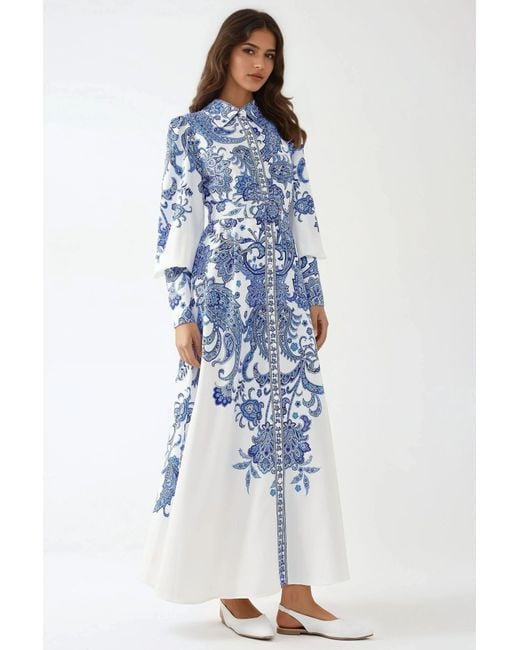 Hiccup Blue Printed Maxi Dress With Shirt Collar And Button Detail