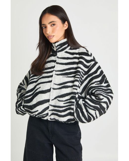 Boohoo Multicolor Zebra Wool Look Bomber Jacket