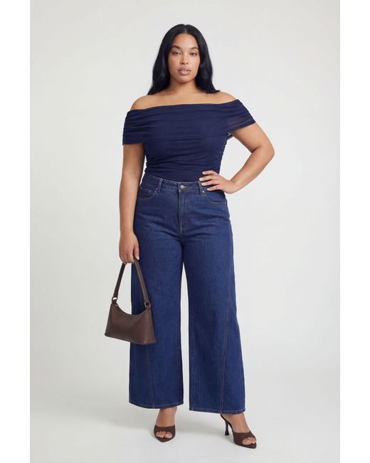 Boohoo Blue Plus Mesh Bardot Ruched Top