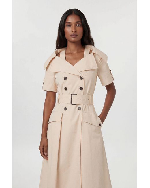 Karen Millen Natural Tailored Cotton Trench Belted Full Skirted Midi Dress