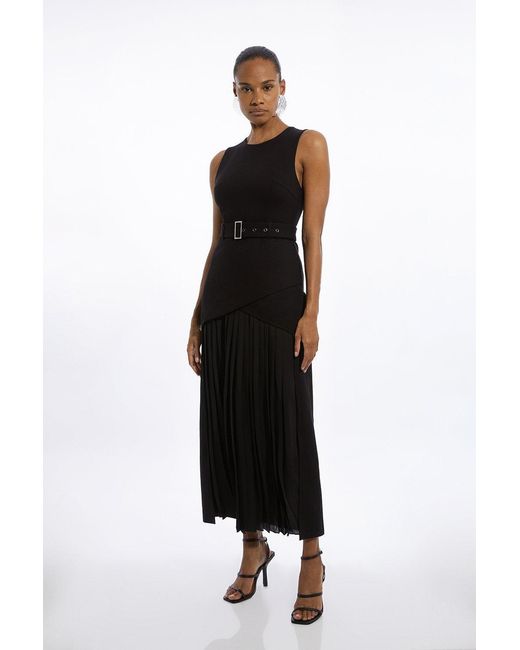 Karen Millen Black Ponte And Georgette Jersey Pleated Maxi Dress
