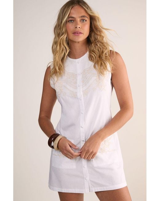Nasty Gal White Cotton Embroidered Button Through Sleeveless Mini Dress
