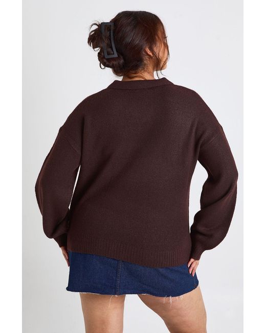 Boohoo Brown Plus Collared V Neck Knit Top