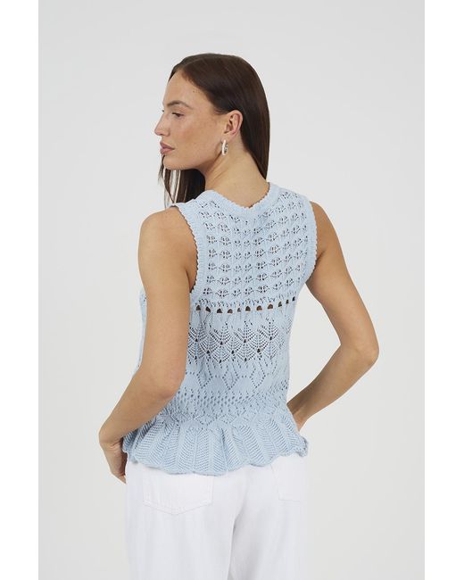 Brave Soul Blue Pointelle Knit Waistcoat With Frill Hem