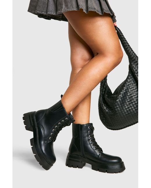 Boohoo Black Chunky Lace Up Hiker Boots