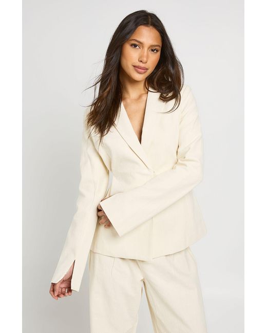 Boohoo Natural Premium Linen Look Tie Waist Blazer
