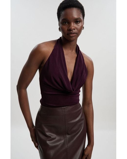 Karen Millen Purple Drapey Crepe Halter Neck Ruched Open Back Top