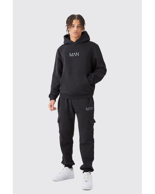 BoohooMAN Black Regular Fit Hooded Cargo Tracksuit for men