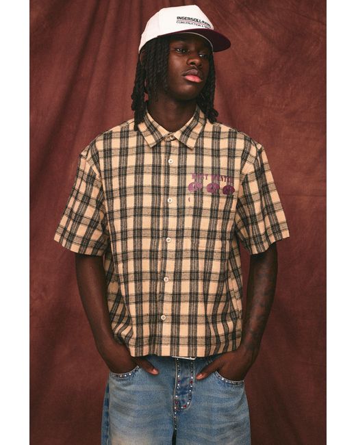 BoohooMAN Brown Oversized Boxy Western Print Check Short Sleeve Shirt for men