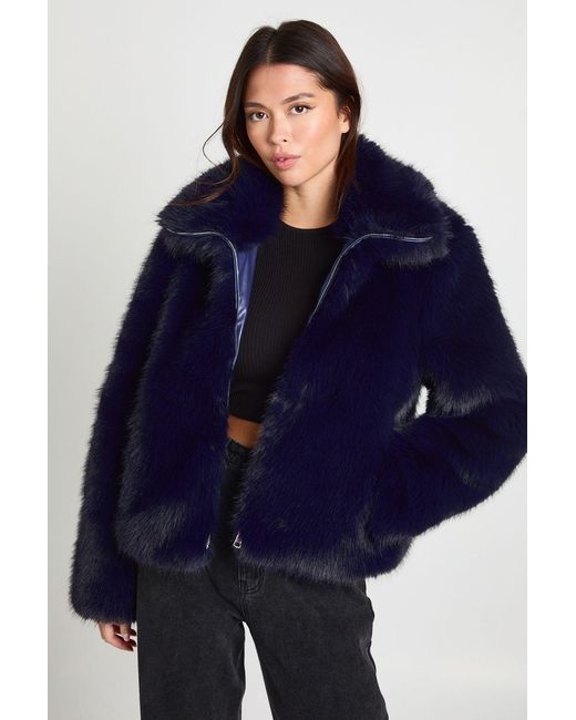 Boohoo Blue Vintage Look Faux Fur Jacket