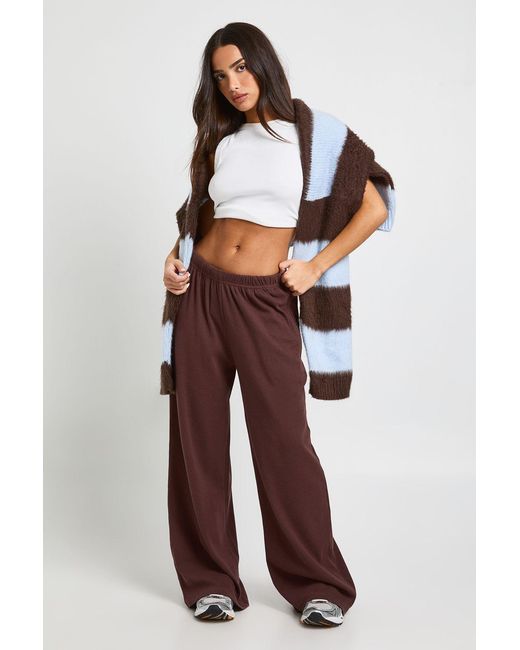 Boohoo Brown Petite Rib Wide Leg Trouser