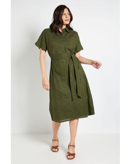 Wallis Green Broderie Belted Midi Shirt Dress