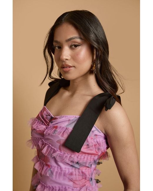 Oasis Pink Petite Printed Tiered Mesh Tie Shoulder Maxi Dress