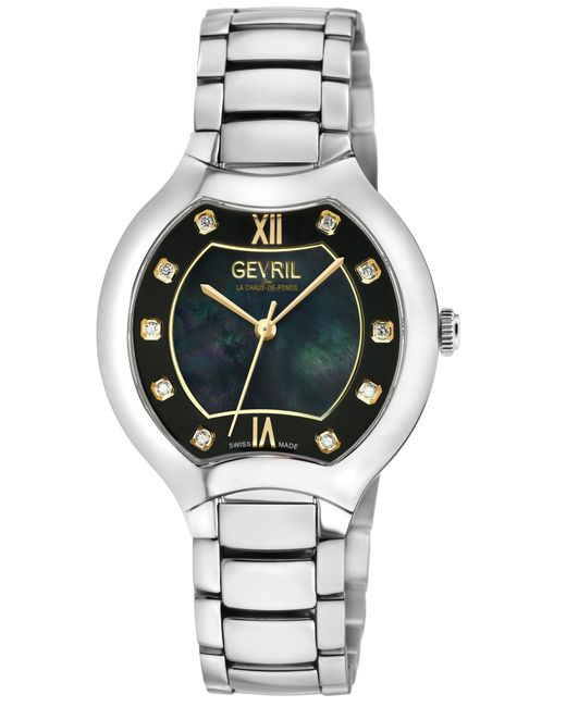 Gevril Metallic Lugano Swiss Diamond Watch, Mop Dial,316L Stainless Steel Case, 316L Bracelet