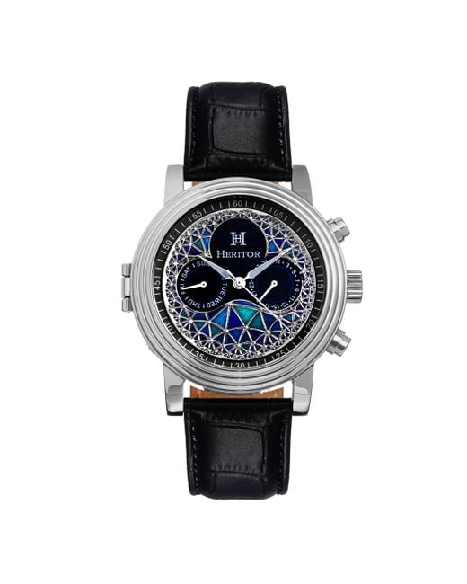 Heritor Black Legacy Leather-Band Watch W/Day/Date for men