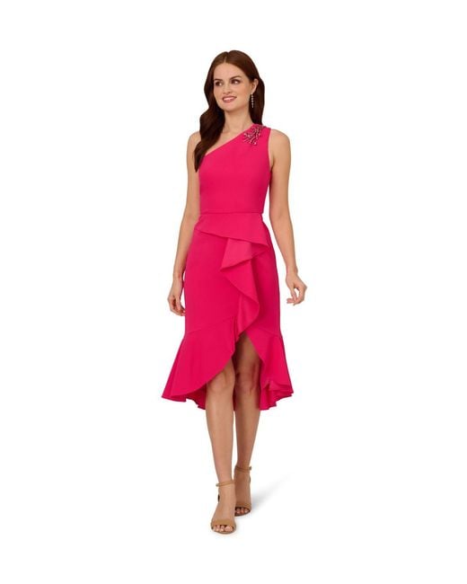 Adrianna Papell Red One Shoulder Crepe Midi Dress