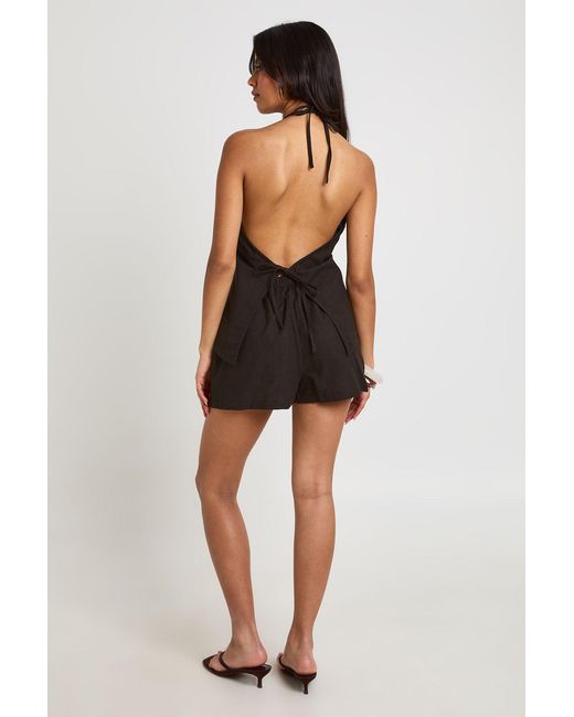 Boohoo Black Linen Look Tie Front Cami And Tie Side Short Co-Ord