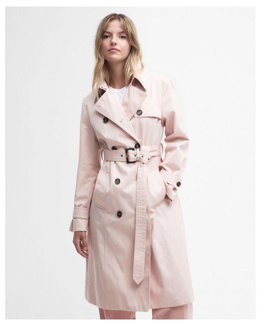 Barbour Pink Greta Long Showerproof Trenchcoat Cotton