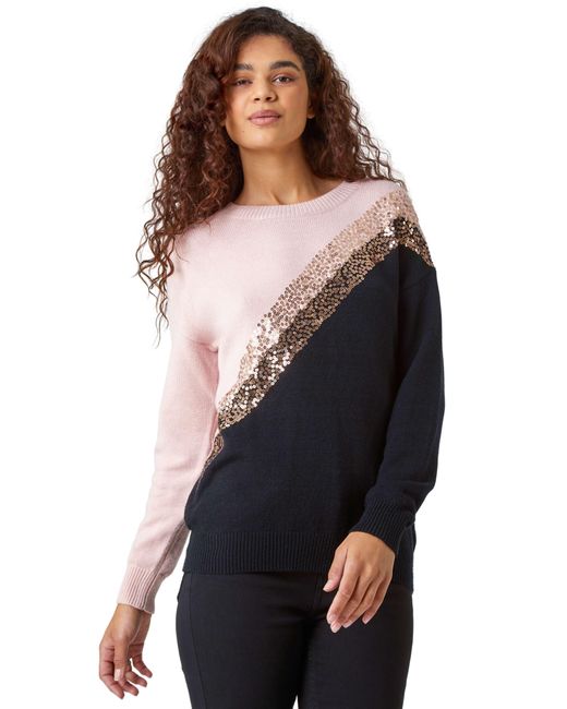Roman Black Sequin Embellished Colourblock Jumper