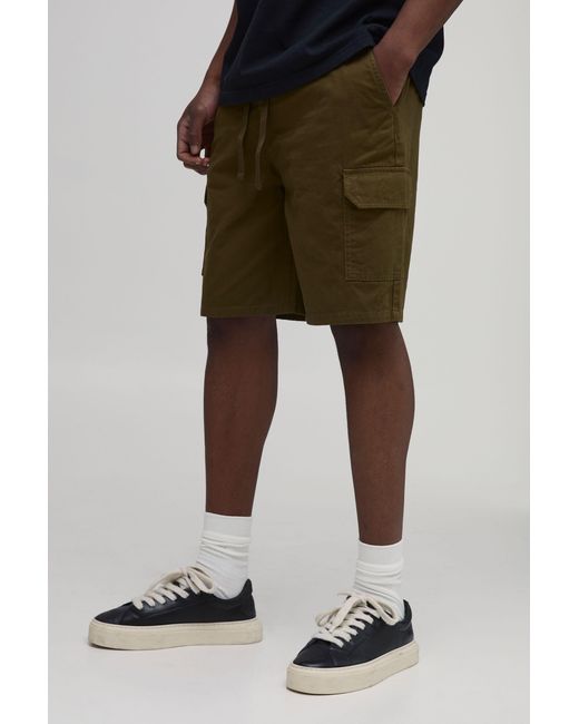 BoohooMAN Green Tall Essential Relaxed Fit Elasticated Mid Length Twill Cargo Shorts for men