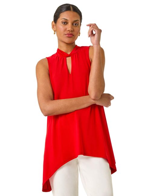 Roman Red Metallic Leaf Print Stretch Top