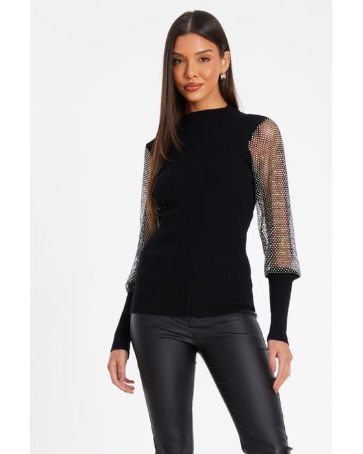 Quiz Black Knit Diamante Sleeve Jumper