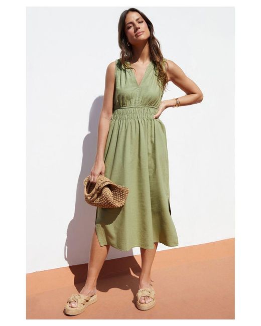 Threadbare Green Linen Blend 'Peppercorn' V Neck Sleeveless Ruched Midi Dress