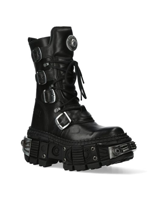 New Rock Black Mid Calf Leather Goth Boots-Wall1473-S11